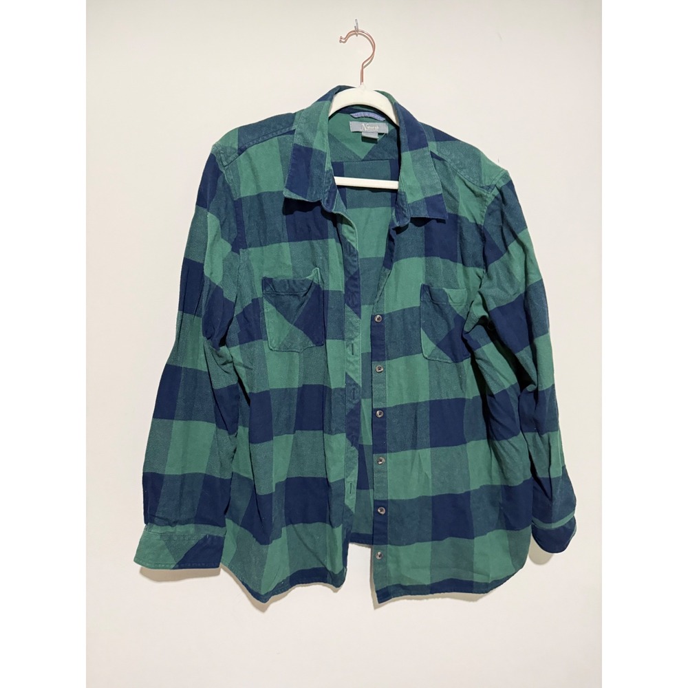 Natural Reflections Green Navy Blue Buffalo Plaid Flannel Button Down Shirt 1X